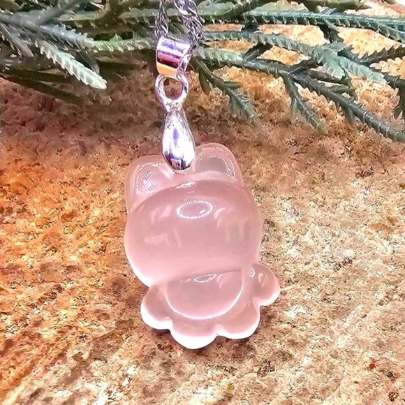 Adorable Nature Rose Quartz Hand Carved Rabbit Pendant Necklace - Picture 1 of 10